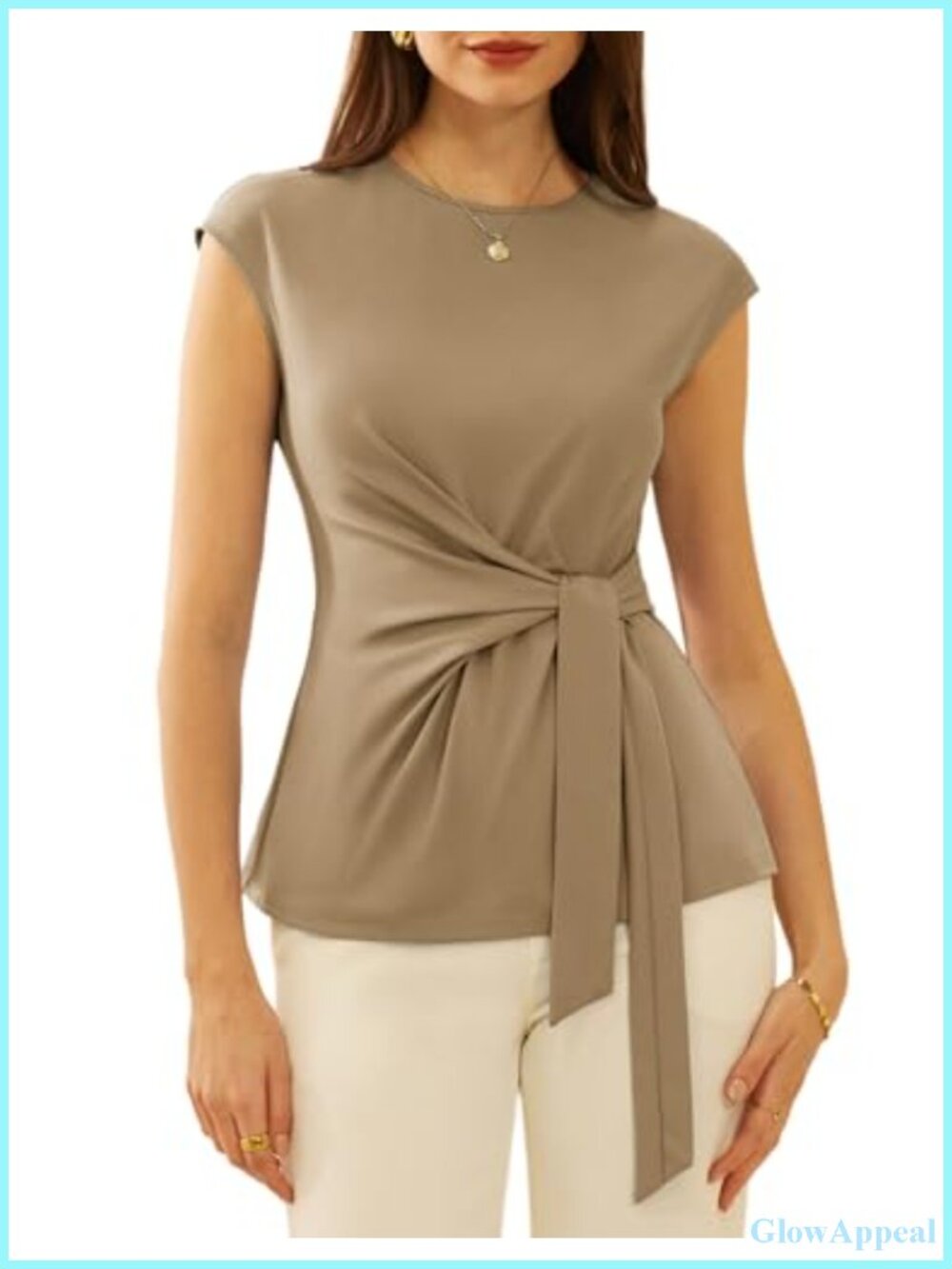 Cap Sleeve Crew Neck Tie Waist Blouse Dressy Casual Work Tops
